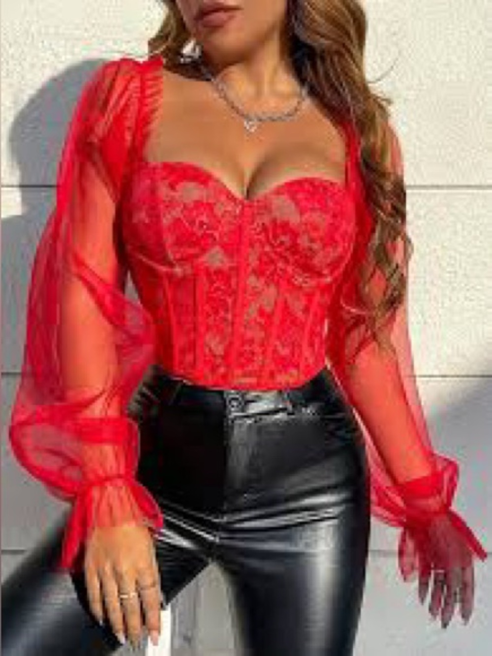 Elegant Red Sheer Sleeve Corset Top